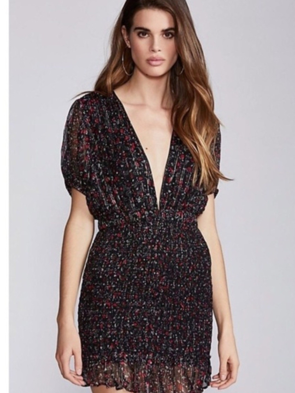 Free People Black Floral V-Neck Smocked Mini Dress Medium